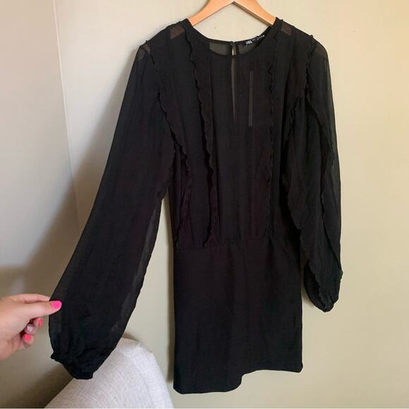 Zara Ruffled Mesh Mini Dress Black Size Small NWT Sheer witchy Grunge gothic - Picture 3 of 9